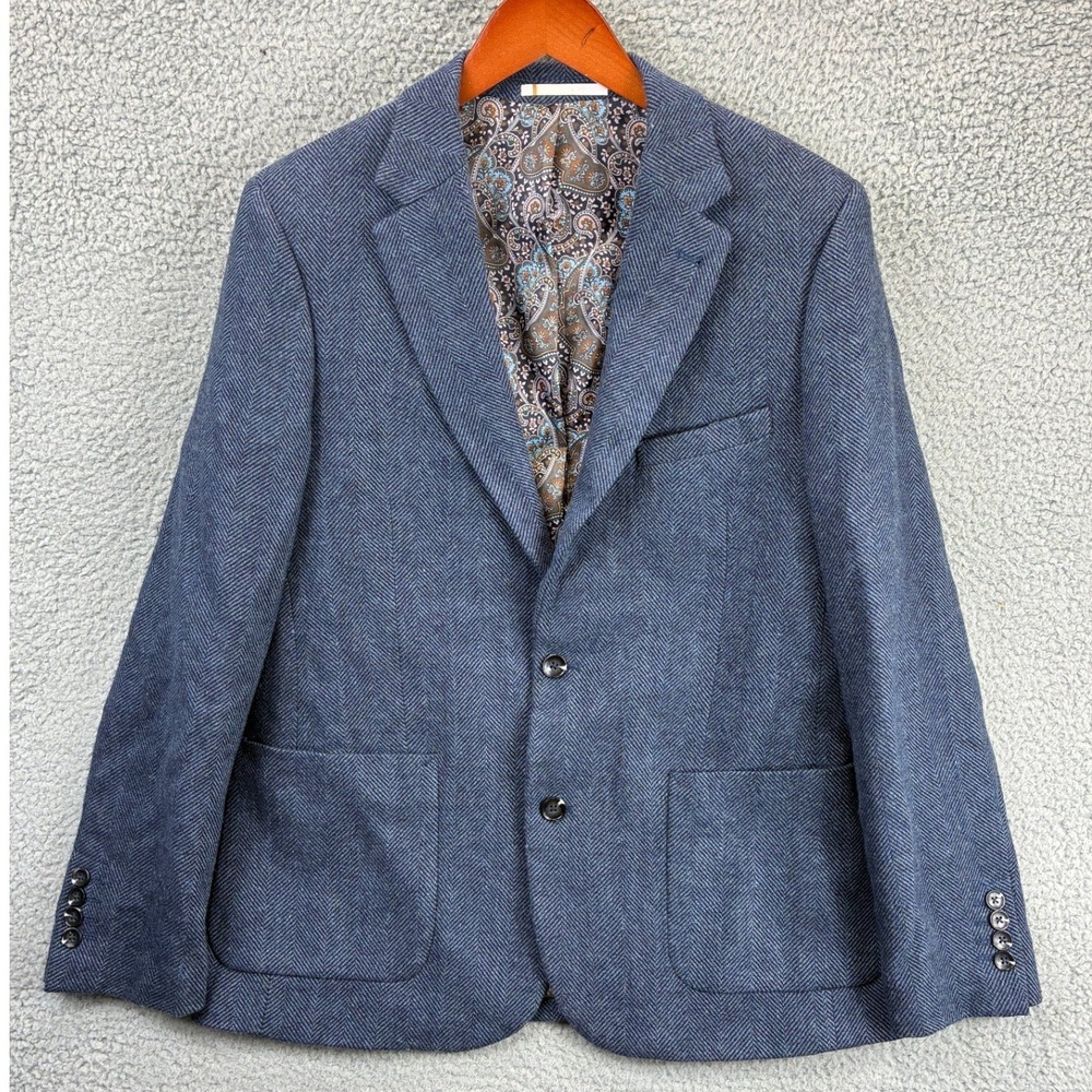Harry Brown Slim Fit Blazer Jacket Mens 42R Blue Wool Herringbone Tweed Classic